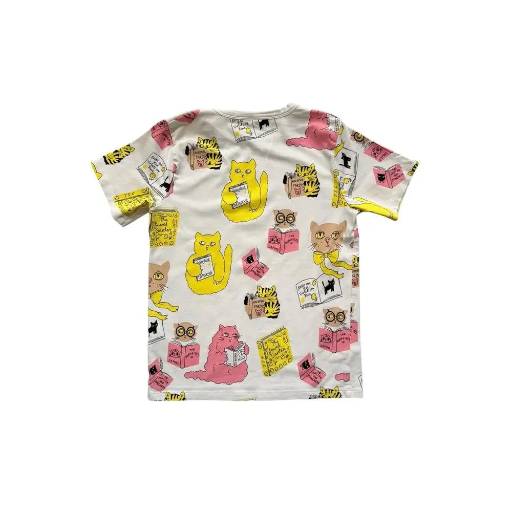 Mini Rodini Cats Reading Books Short Sleeve T-Shirt Size 7-9y - Picture 3 of 4